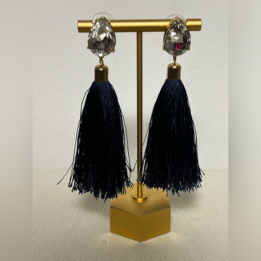 Navy, Rhinestone Crystal and Gold Tassle Earrings
